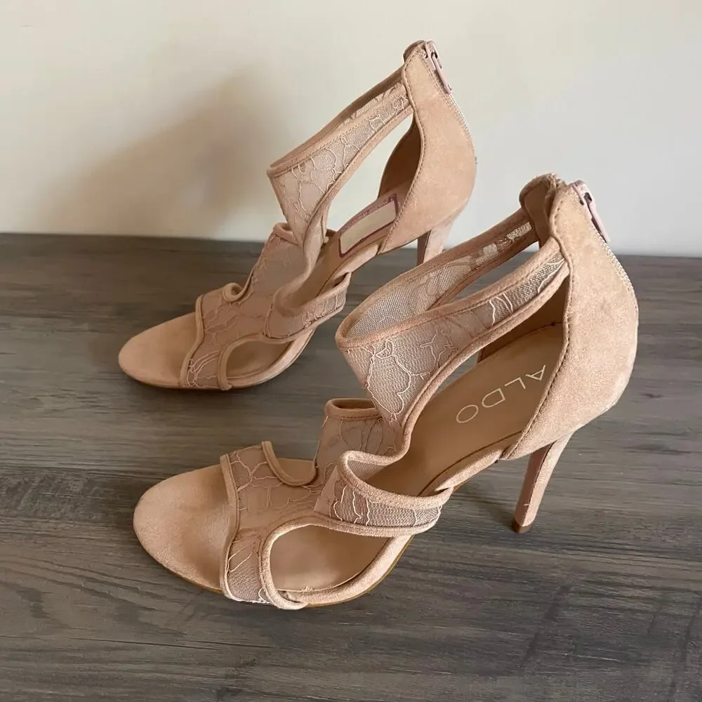 ALDO Womens 8 Nude Lace Mesh Cutout Stiletto Heels Back Zip Sandals